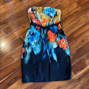 Moulinette Soeurs Strapless Floral Dress in Black, Blue & Orange